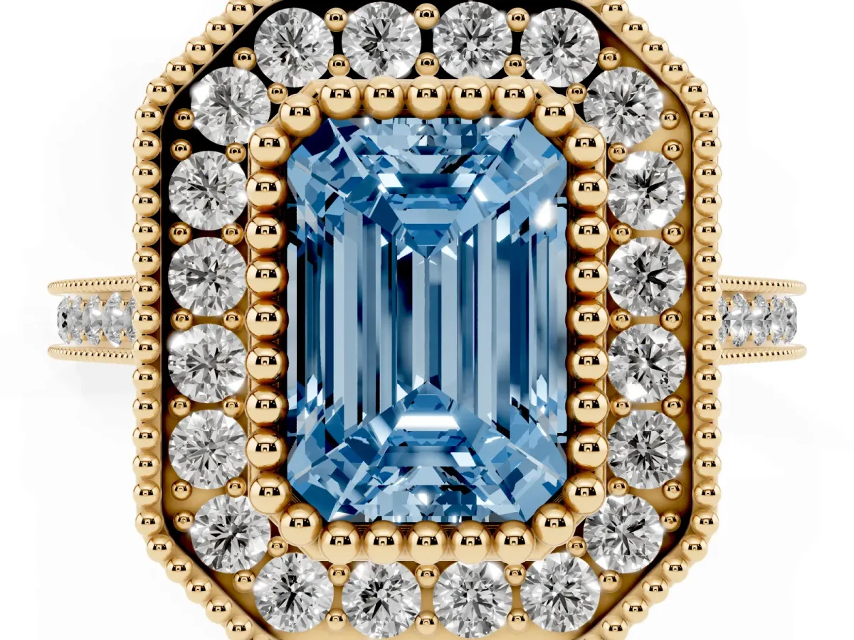 Fancy Blue Emerald Cut Diamond Halo Ring with Milgrain Frame and Pavé Band Yellow gold