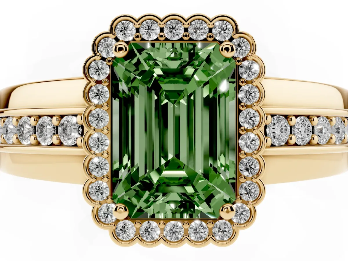 Fancy Green Emerald Cut Cut Halo Pave Band Four-Prong Ring Yellow gold