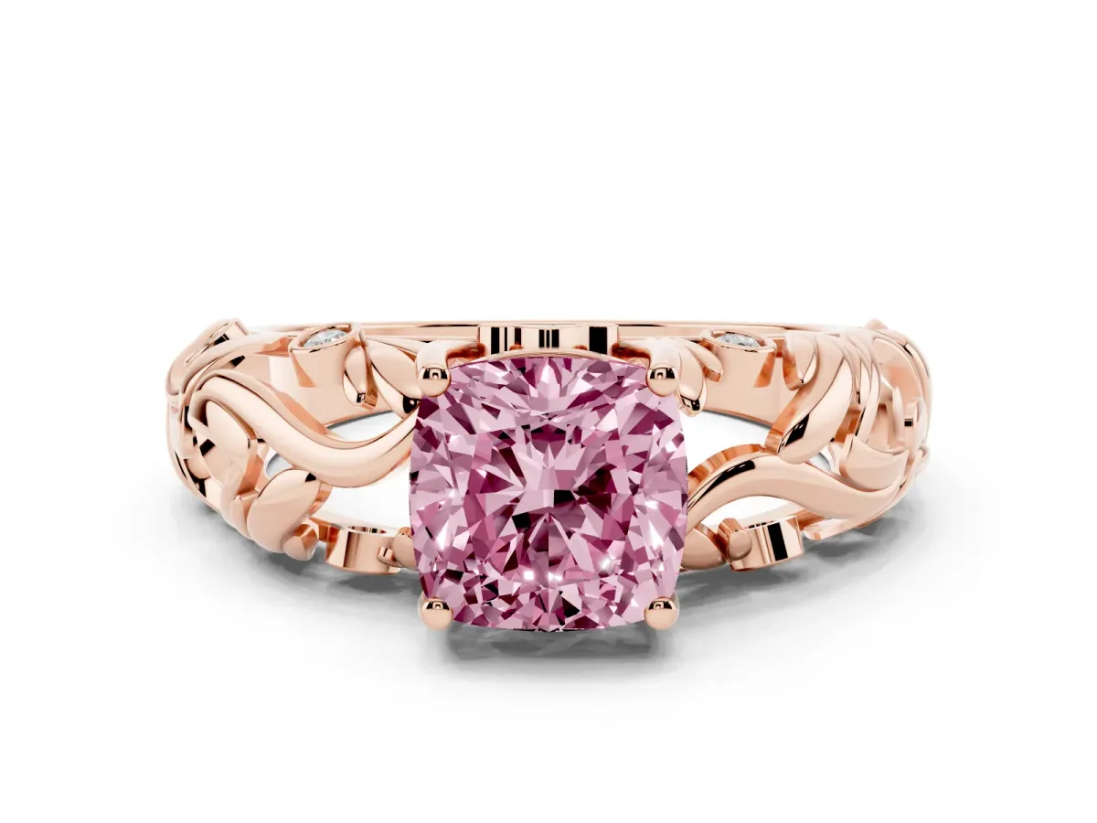 Fancy Pink Cushion Cut Solitaire Diamond Leaf-Inspired Vine Band Ring with Prong Setting Rose gold