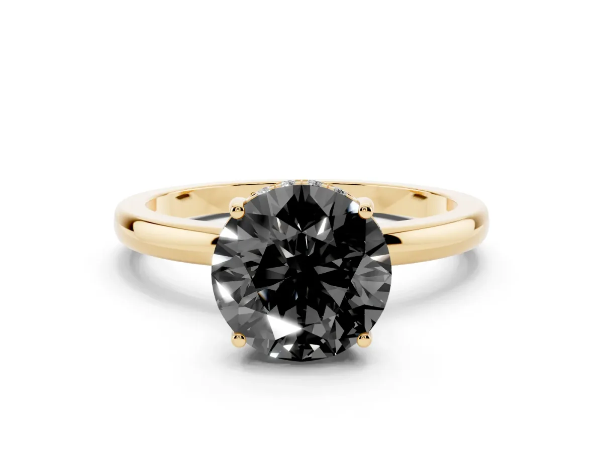 Fancy Black Round Cut Solitaire Diamond Ring with Prong Setting and Plain Band Yellow gold