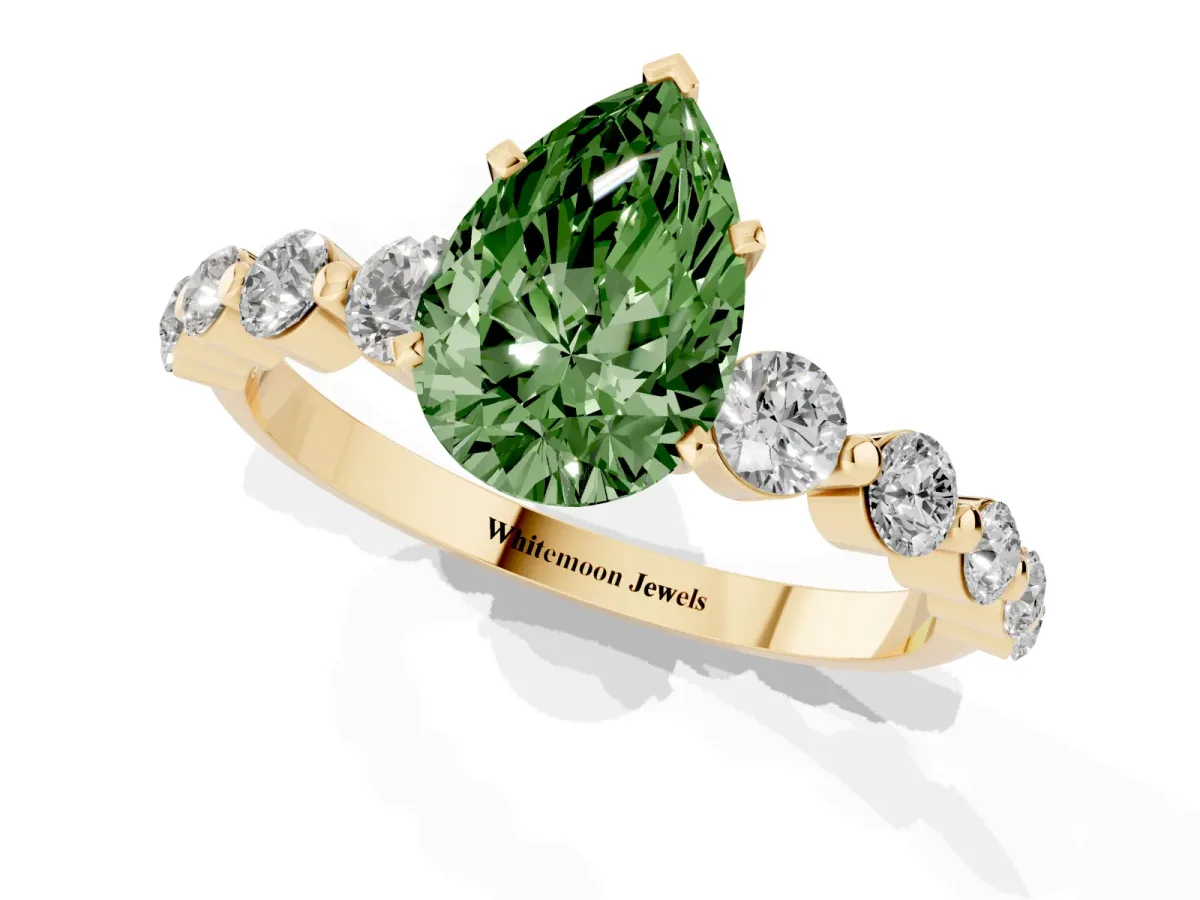 Fancy Green Pear Cut Solitaire Diamond Ring with Pave Band and Four-Prong Setting Yellow gold
