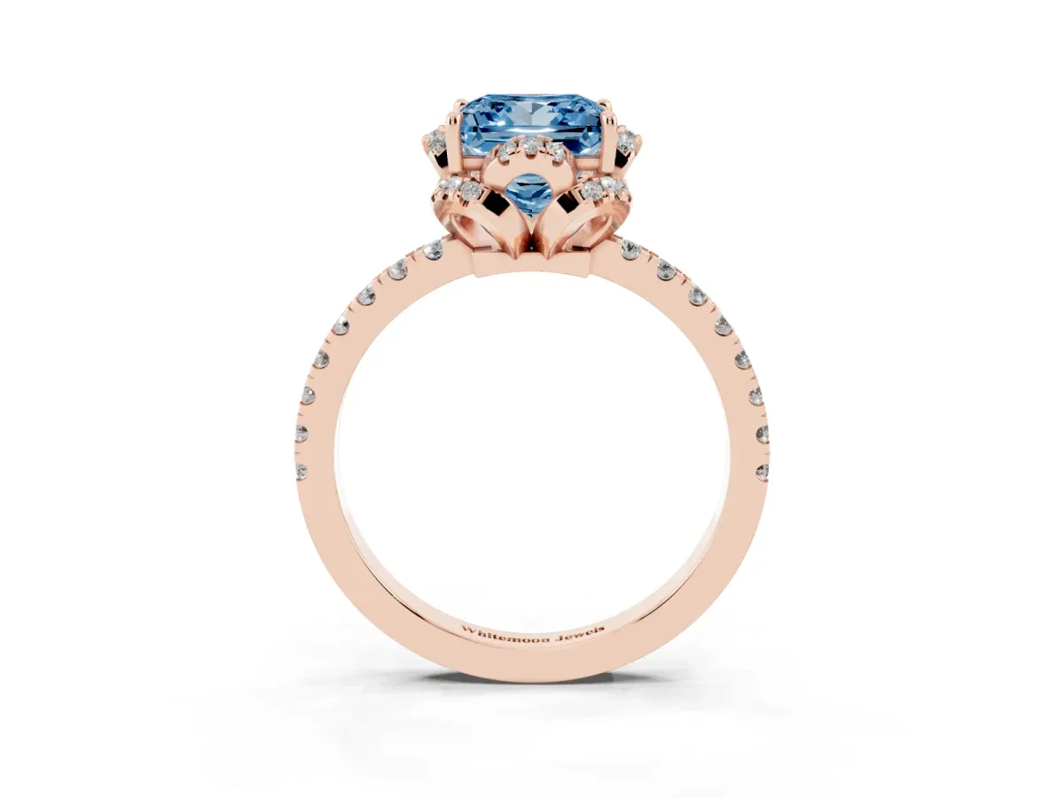 Fancy Blue Princess Cut Halo Diamond Pave Band Ring with Four-Prong Setting Rose gold