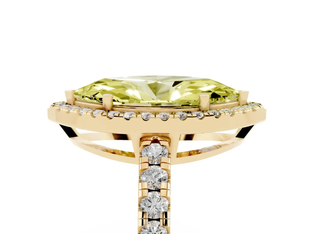Fancy Yellow Marquise Cut Diamond Halo Ring with Pavé Band and Four-Prong Setting Yellow gold