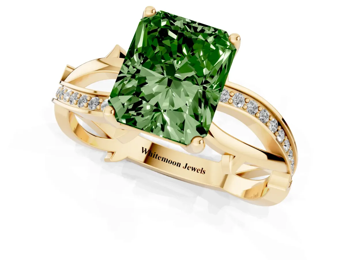 Fancy Green Radiant Cut Solitaire Twist Band with Pavé Accents and Four-Prong Setting Yellow gold