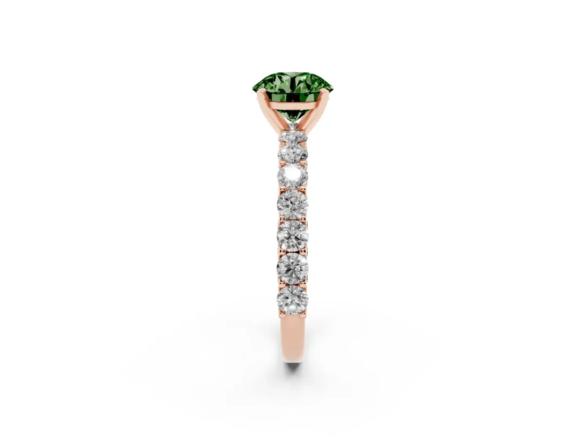 Fancy Green Round Cut Diamond Solitaire Ring with Shared Prong Pavé Band and Four-Prong Setting Rose gold