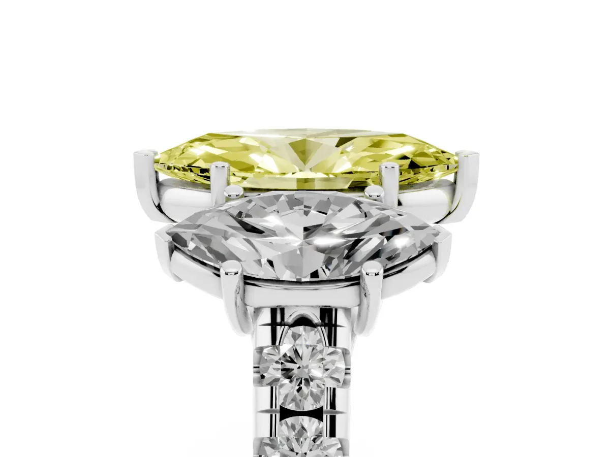 Fancy Yellow Three-Stone Marquise Cut Diamond Pavé Band with Prong Setting Silver