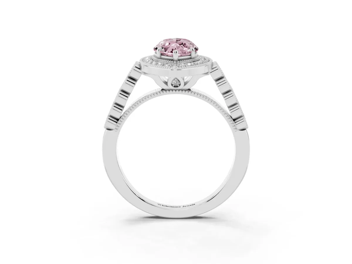 Fancy Pink Marquise Cut Halo Milgrain Solitaire with Bezel Set Side Stones and Pave Band White gold