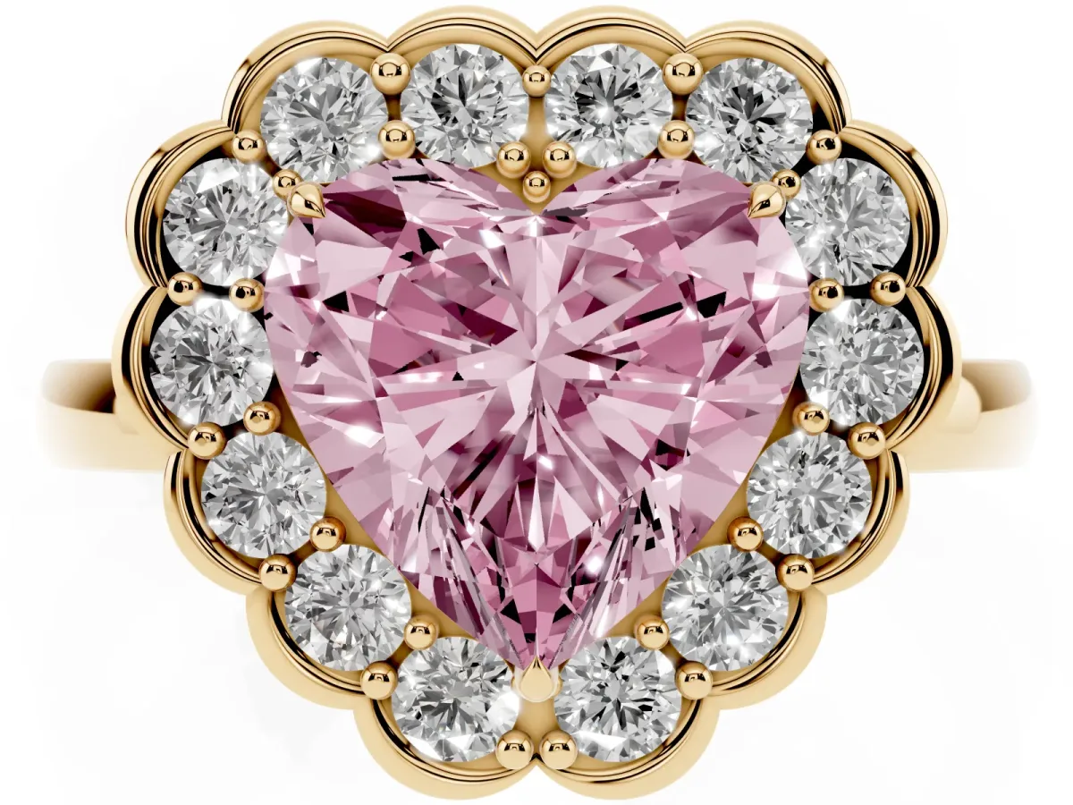 Fancy Pink Heart Cut Halo Cluster Diamond Engagement Ring with Solitaire Band and Prong Setting Yellow gold