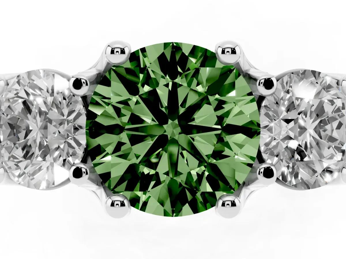 Fancy Green Round Cut Diamond Three-Stone Ring with Channel Set Band and Four-Prong Setting Silver