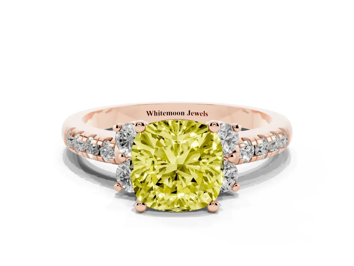 Fancy Yellow Cushion Cut Diamond Three-Stone Pave Band with Four-Prong Setting Rose gold