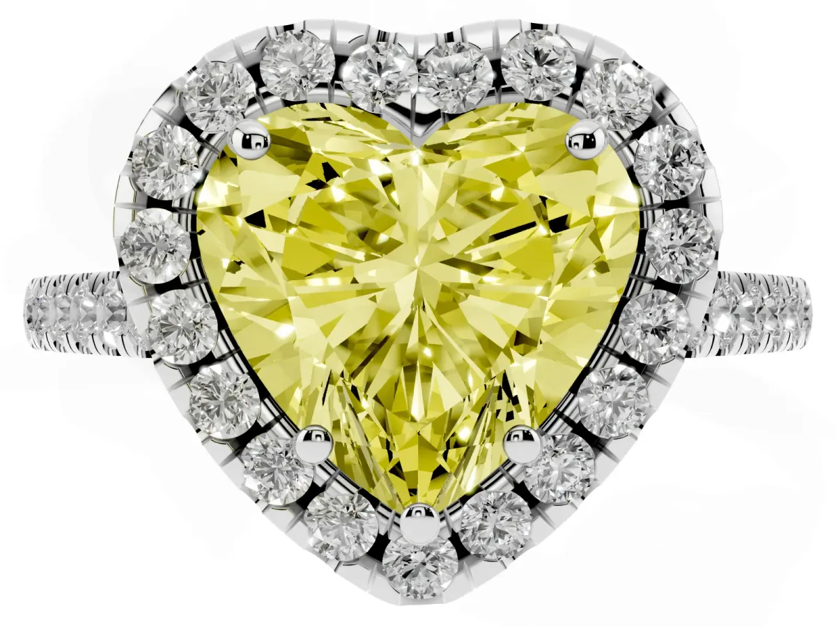 Fancy Yellow Heart Cut Halo Pavé Diamond Engagement Ring with Four-Prong Setting White gold