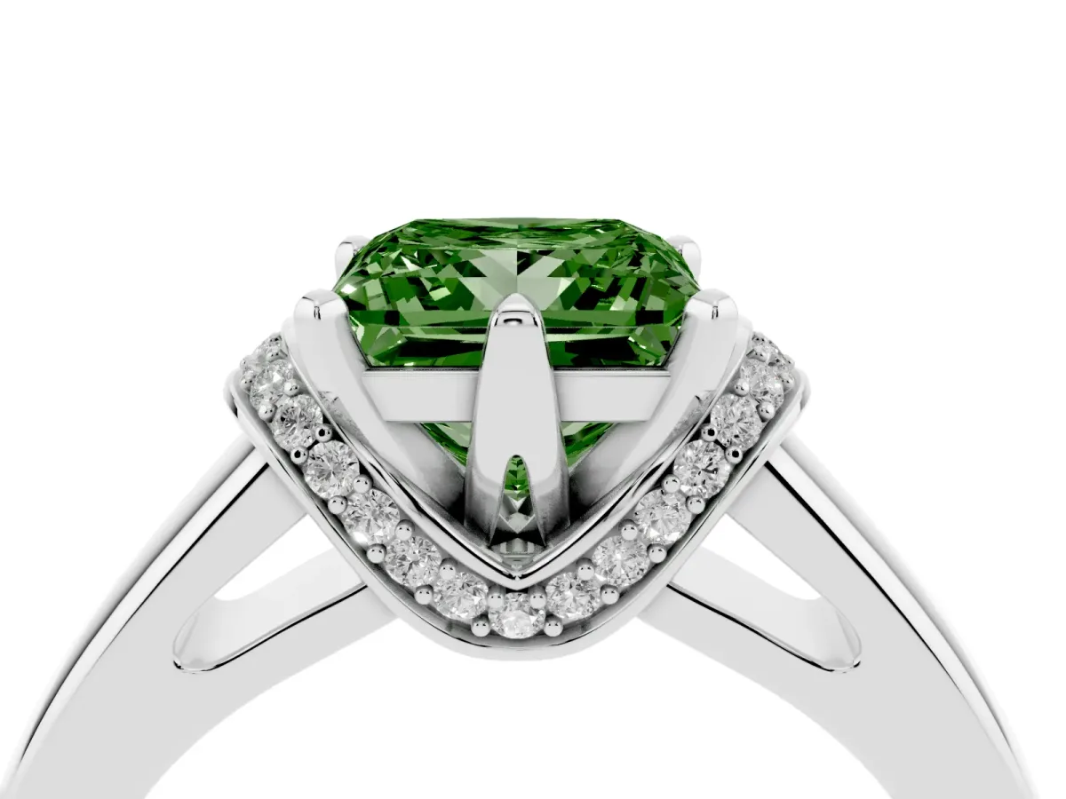 Fancy Green Princess Cut Solitaire Diamond Ring with Pave Band and Six-Prong Setting Platinum