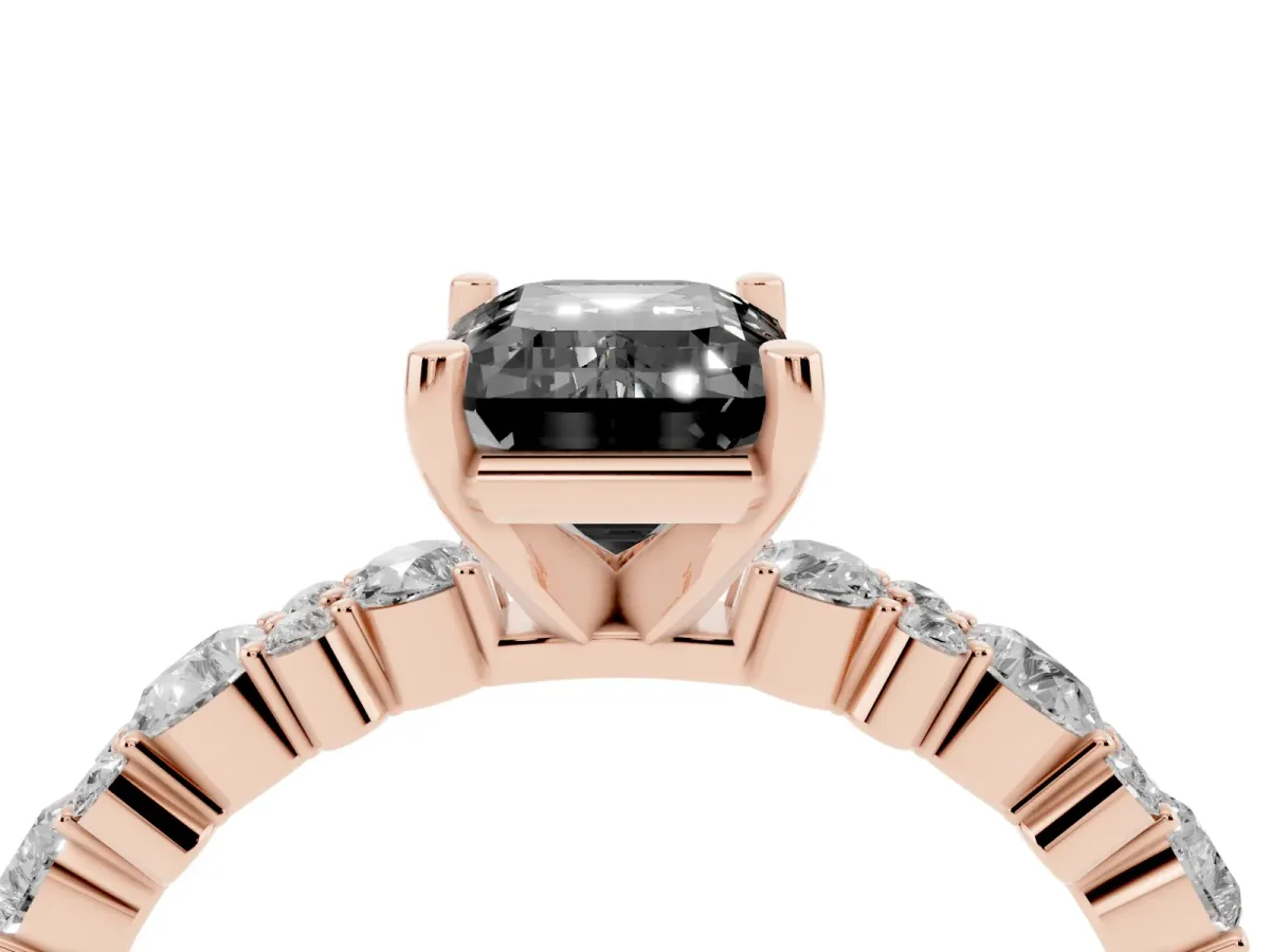 Fancy Black Emerald Cut Diamond Side Stone Solitaire Ring with Round and Four-Prong Setting Rose gold
