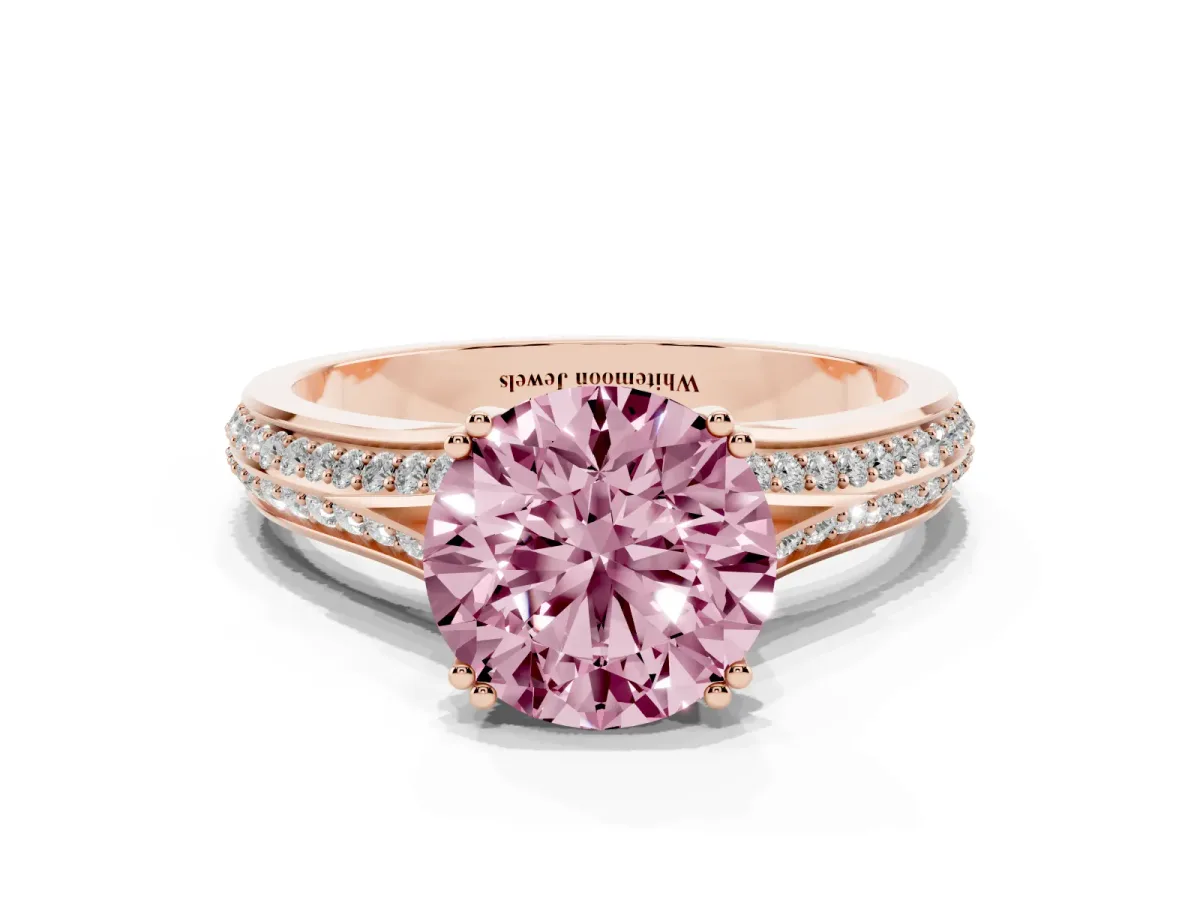 Fancy Pink Round Cut Diamond Split Shank Engagement Ring with Pavé Band Rose gold