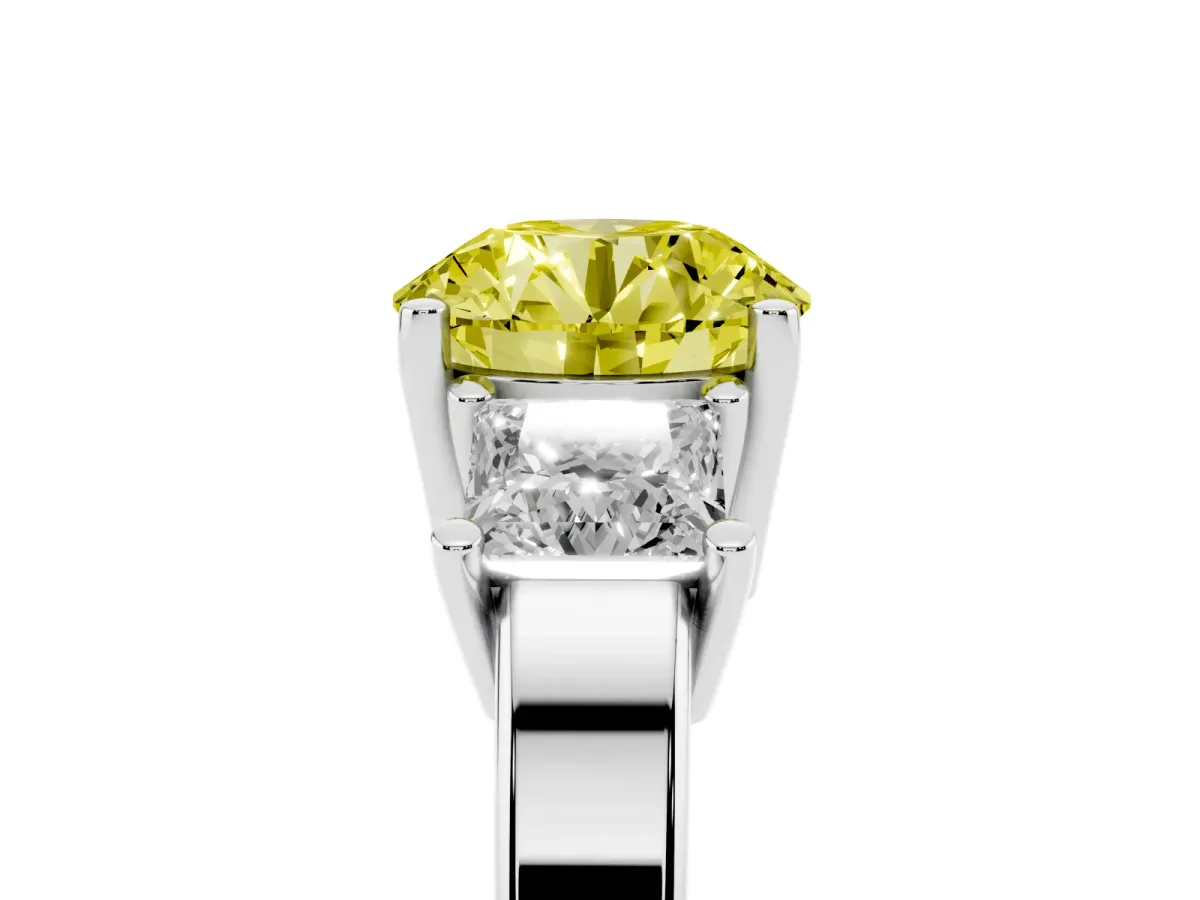 Fancy Yellow Three-Stone Round Cut Cut Solitaire Ring with Prong Setting Platinum