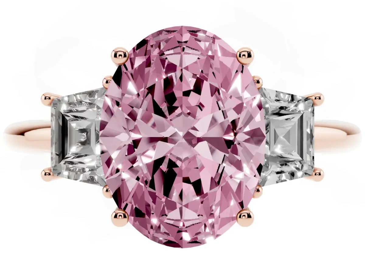 Fancy Pink Oval Cut Diamond Three-Stone Ring with Trapezoid Side Stones and Prong Setting Rose gold