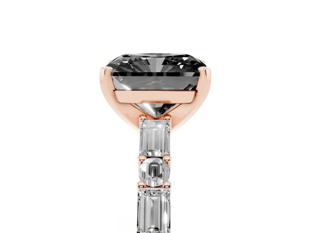 Fancy Black Radiant Cut Diamond Solitaire with Side Baguettes and Channel Set Band Rose gold