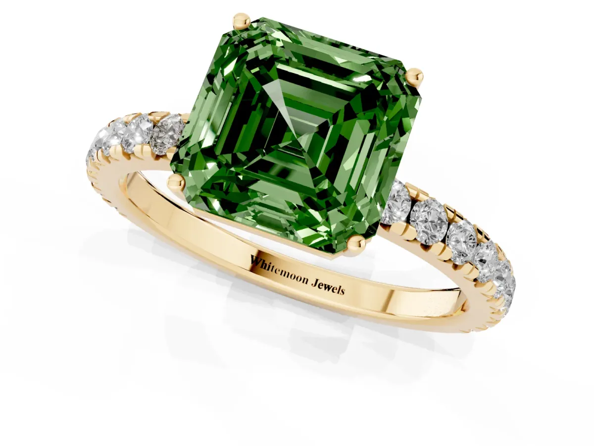 Fancy Green Asscher Cut Diamond Pavé Solitaire Engagement Ring with Four-Prong Setting Yellow gold