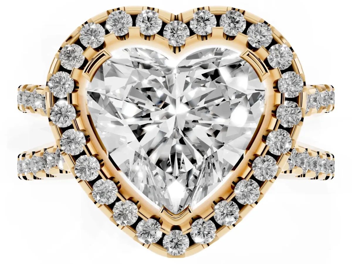 Heart Cut Diamond Halo Ring with Split Shank Pavé Band and Prong Setting Yellow gold
