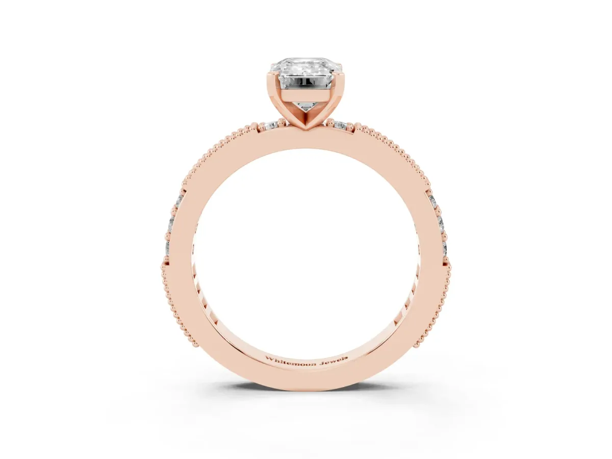 Emerald Cut Solitaire with Pavé Band and Four-Prong Setting Rose gold
