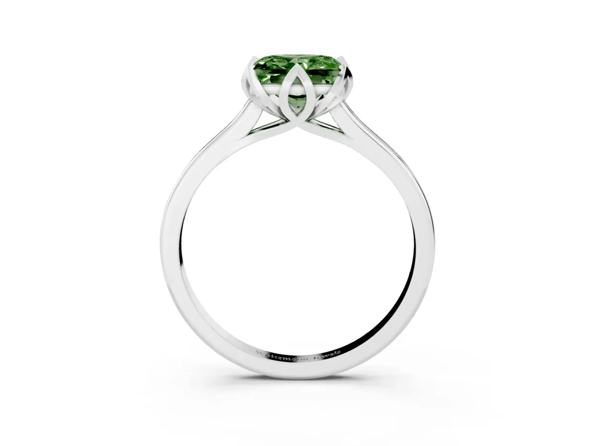 Fancy Green Princess Cut Diamond Solitaire Ring with Flower Prong Setting and Classic Band Platinum