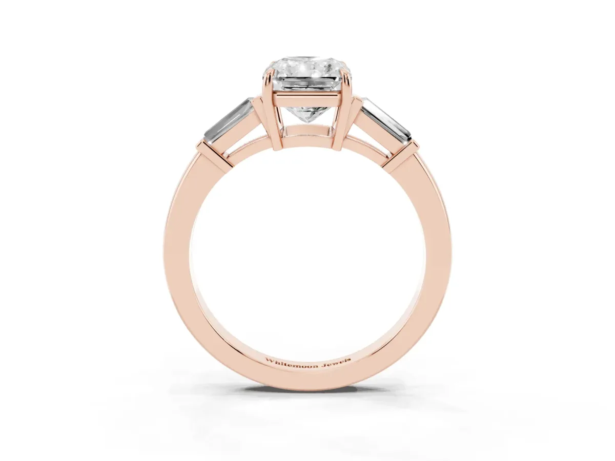 Radiant Cut Diamond Three-Stone Ring with Tapered Baguette Side Stones and Prong Setting Rose gold