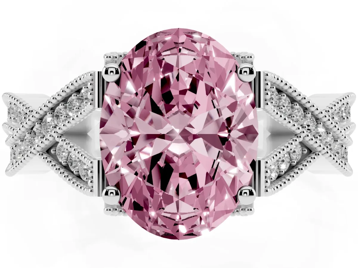 Fancy Pink Oval Cut Cut Diamond Twisted Band with Milgrain Pave Setting and Four-Prong Setting Silver