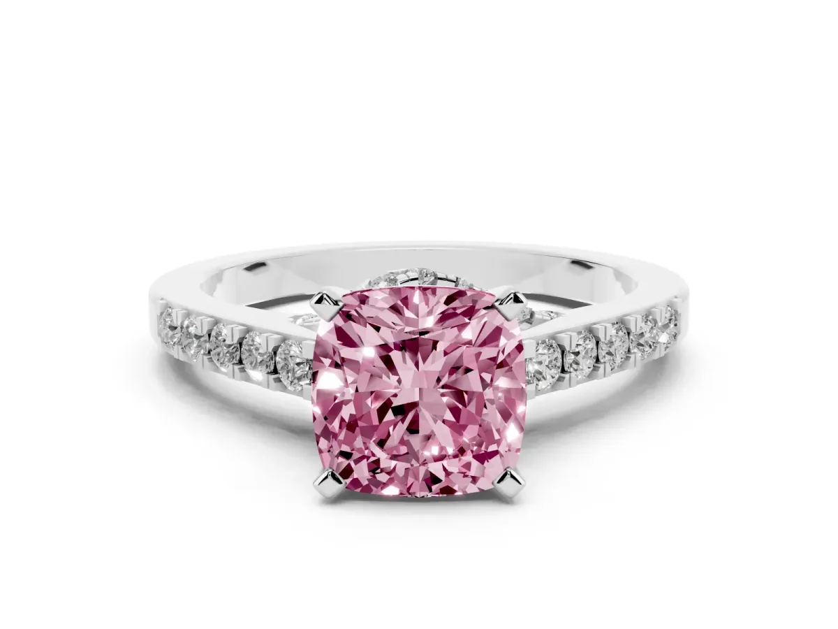 Fancy Pink Cushion Cut Diamond Solitaire Ring with Crossover Gallery and Round Pavé Band White gold