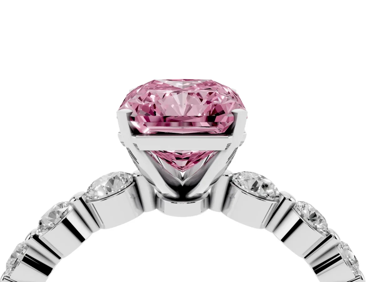 Fancy Pink Radiant Cut Solitaire Diamond Ring with Pave Band and Four-Prong Setting Silver