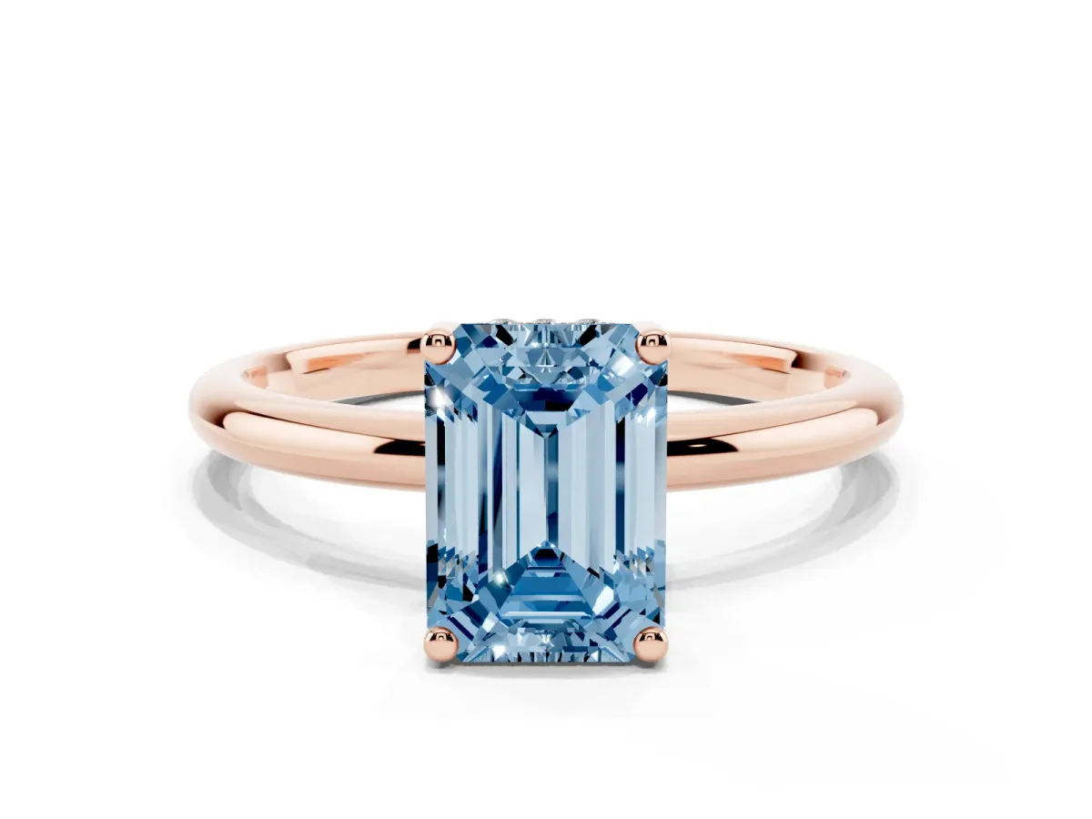 Fancy Blue Emerald Cut Cut Solitaire Engagement Ring with Four-Prong Setting and Classic Band Rose gold