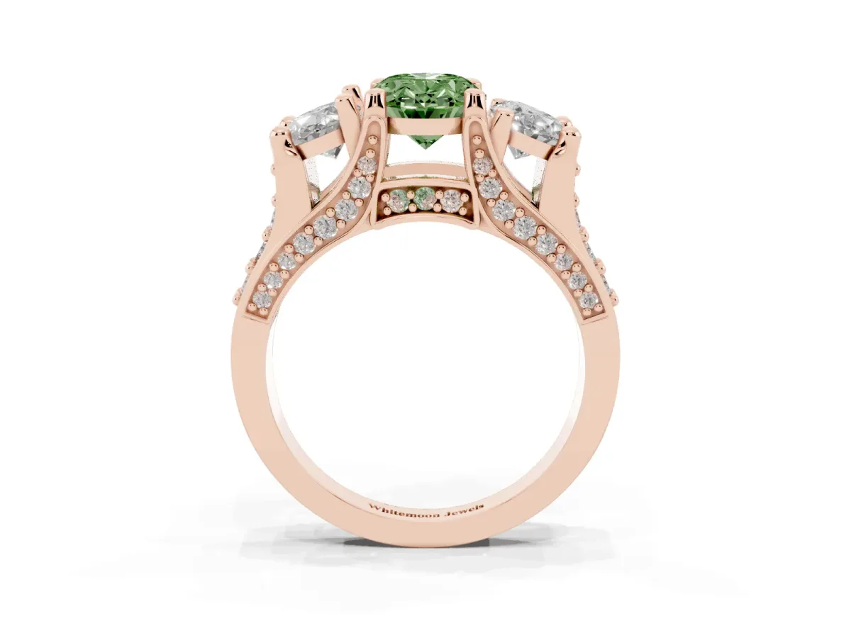 Fancy Green Oval Cut Diamond Three-Stone Ring with Channel Set Band and Four-Prong Setting Rose gold
