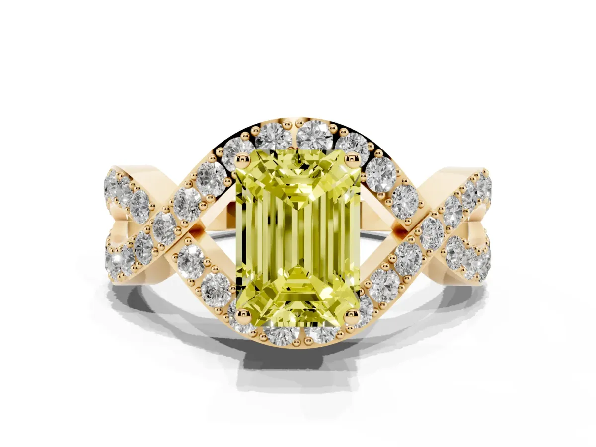 Fancy Yellow Emerald Cut Solitaire Twist Band Pavé Diamond Engagement Ring Yellow gold