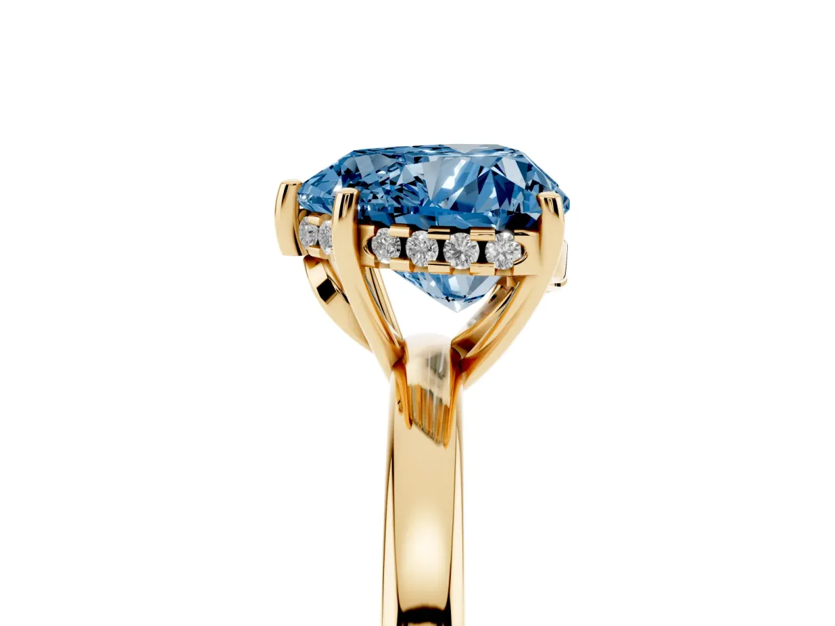 Fancy Blue Heart Cut Solitaire Diamond Ring with Prong Setting and Plain Band Yellow gold