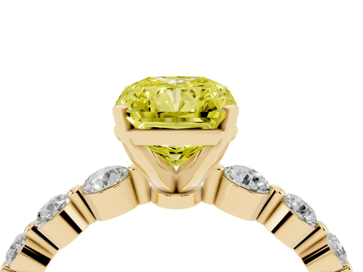 Fancy Yellow Radiant Cut Solitaire Diamond Ring with Pave Band and Four-Prong Setting Yellow gold