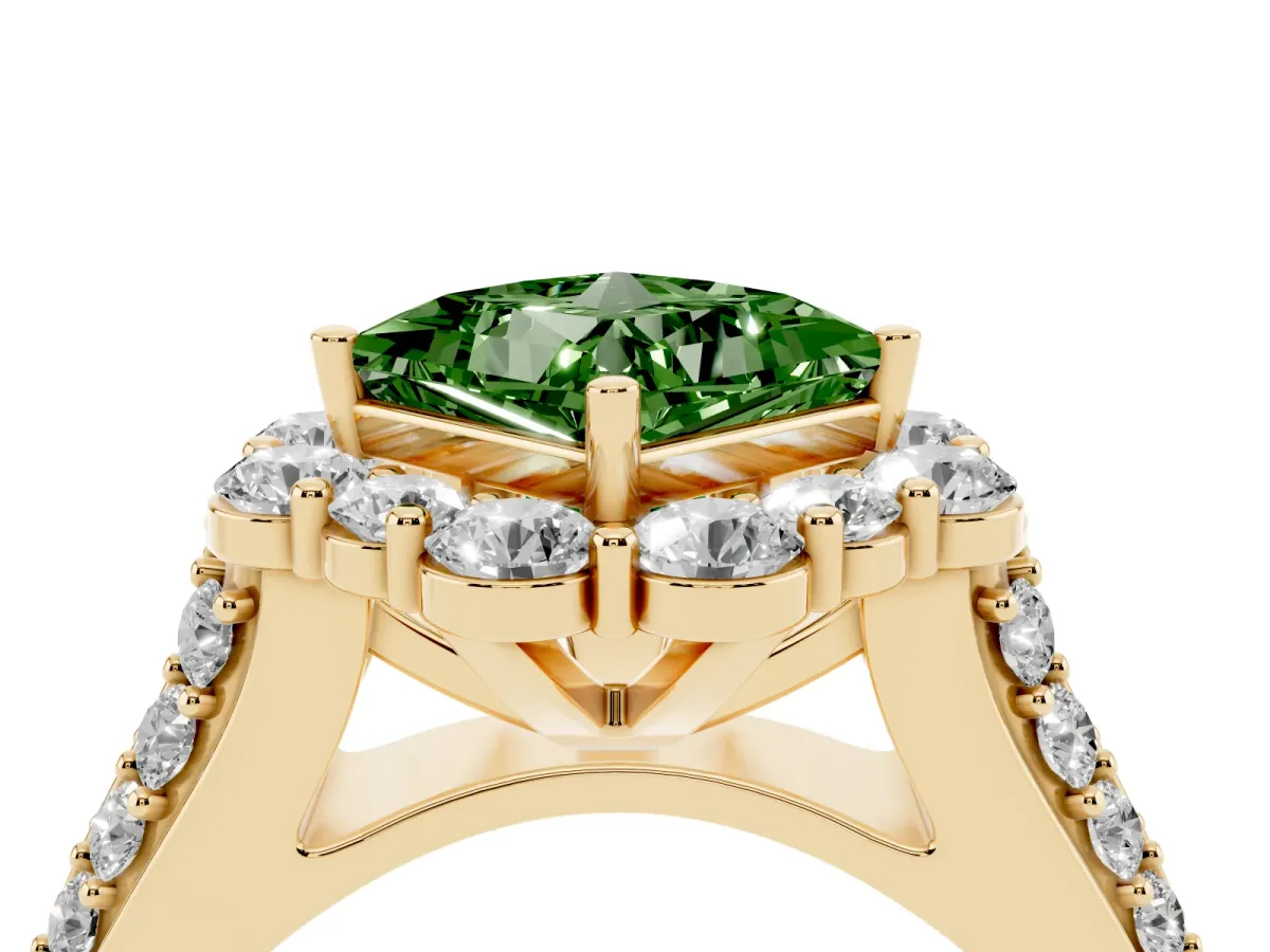 Fancy Green Princess Cut Halo Diamond Engagement Ring with Split Shank and Prong Setting Yellow gold