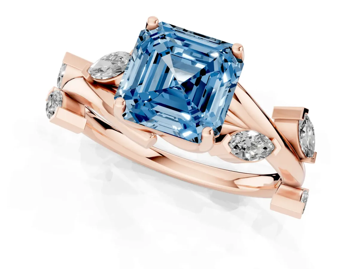Fancy Blue Asscher Cut Solitaire Twisted Band Marquise Accent Prong Setting Ring Rose gold