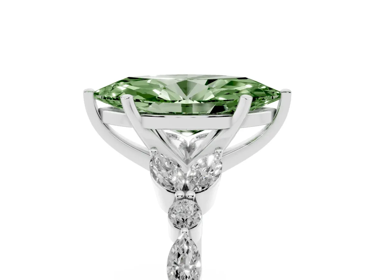 Fancy Green Marquise Cut Diamond Solitaire Ring with Side Stones and Four-Prong Setting Silver