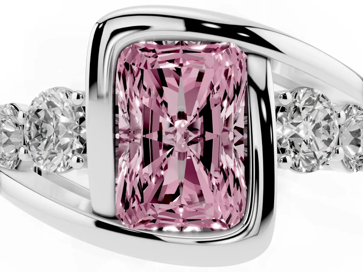 Fancy Pink Bezel Set Radiant Cut Diamond Bypass Ring with Round Accents Silver