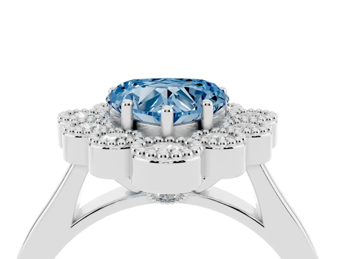 Fancy Blue Heart Cut Halo Diamond Cluster Engagement Ring with Milgrain Bezel Setting and Solitaire Band Platinum