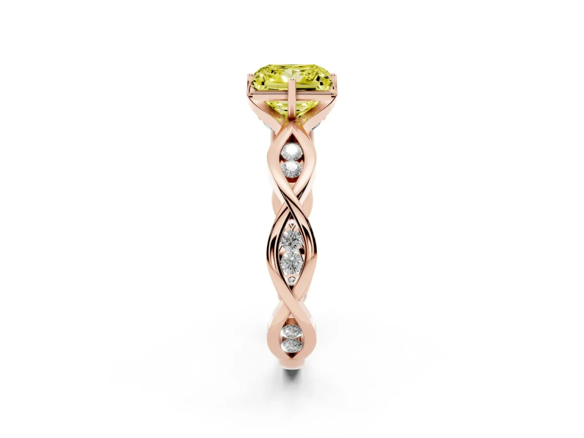 Fancy Yellow Princess Cut Solitaire Twist Band with Leaf Prong Setting Rose gold