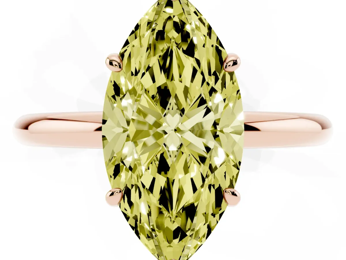 Fancy Yellow Oval Cut Solitaire Diamond Ring with Four-Prong Setting on a Plain Band Rose gold