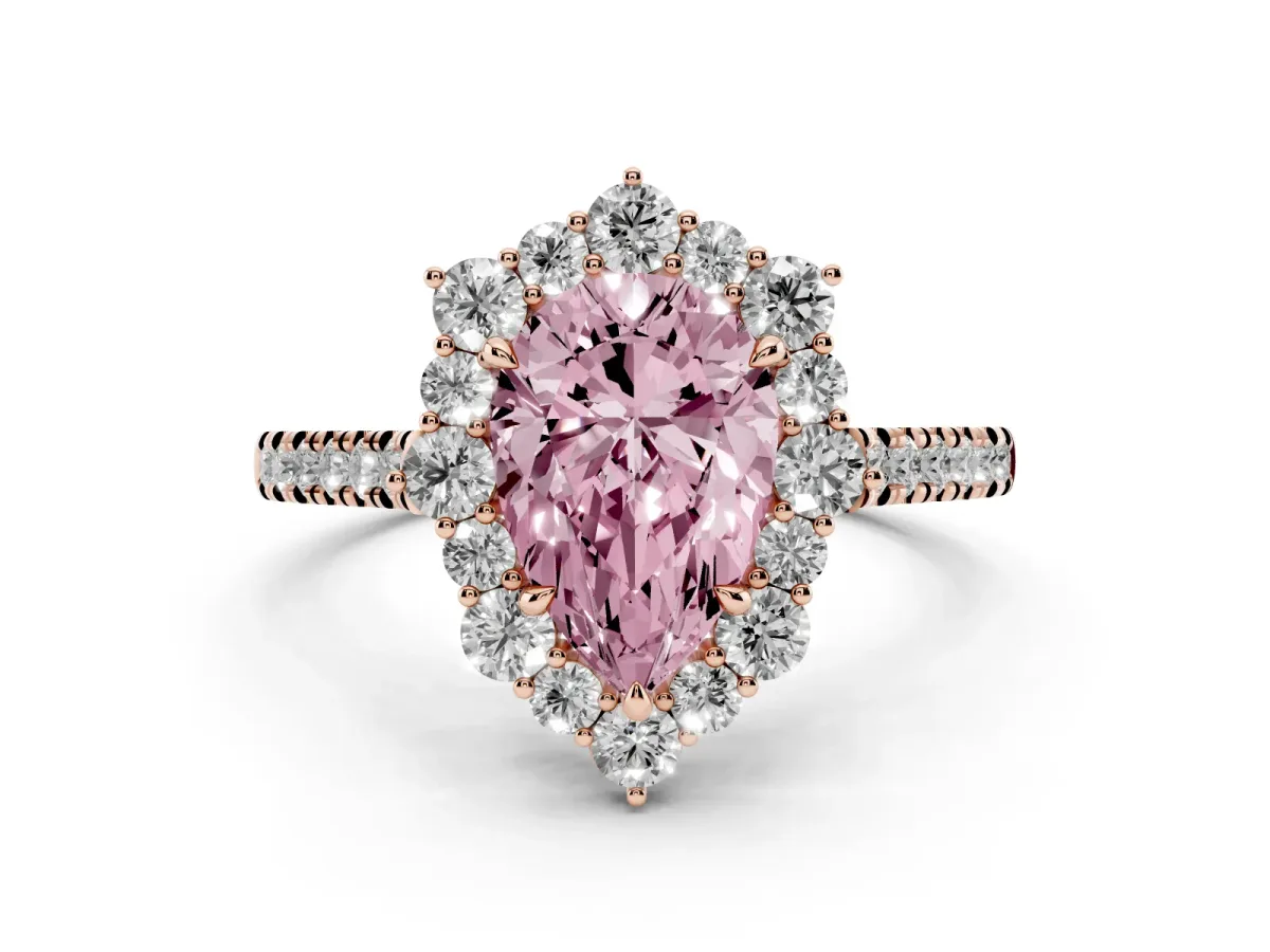 Fancy Pink Pear Cut Halo Diamond Ring with Pavé Band and Prong Setting Rose gold