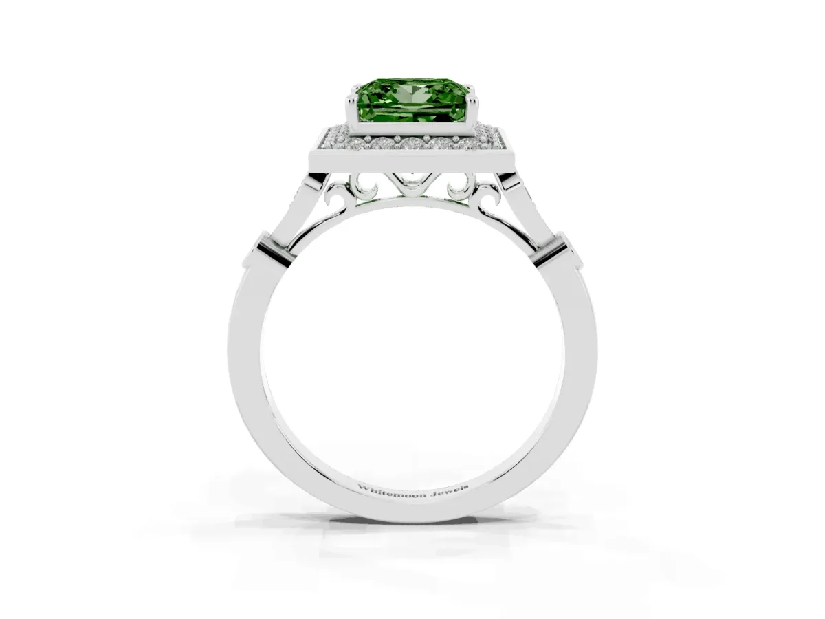 Fancy Green Princess Cut Halo Diamond Engagement Ring with Twisted Band and Four-Prong Setting White gold