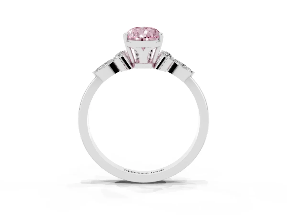 Fancy Pink Pear Cut Brilliant Diamond Solitaire Ring with Pear Side Stones and Four-Prong Setting Silver