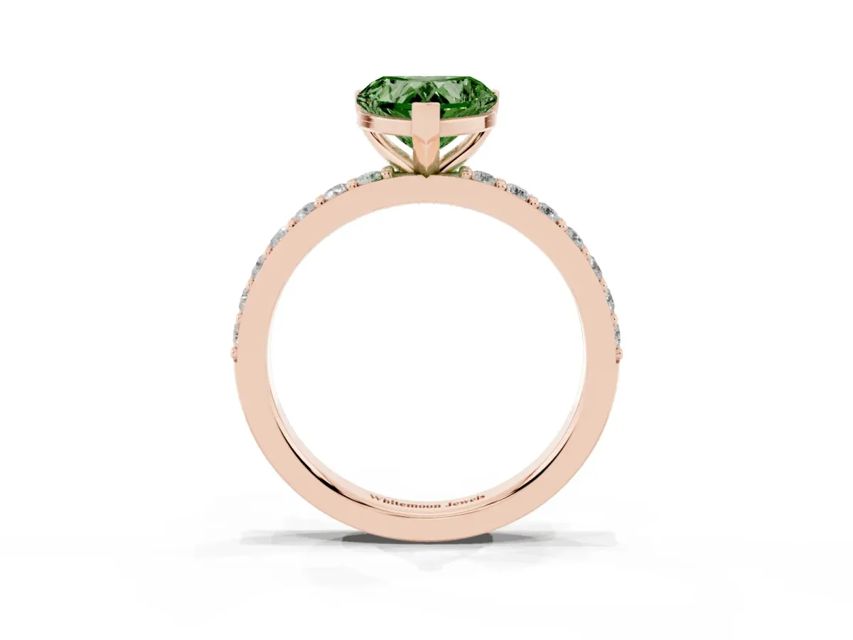 Fancy Green Heart Cut Cut Diamond Solitaire with Pave Band and Four-Prong Setting Rose gold