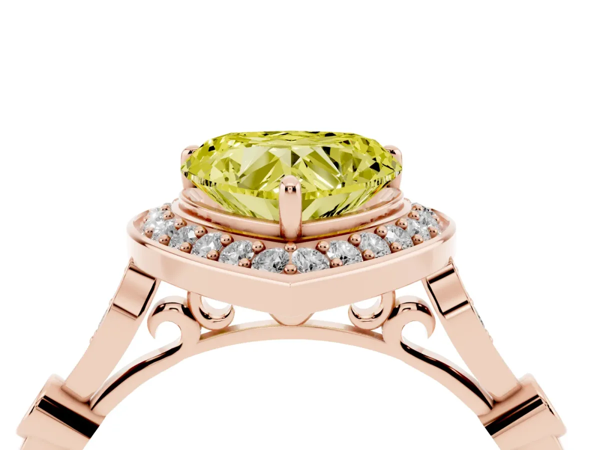 Fancy Yellow Heart Cut Halo Diamond Engagement Ring with Twisted Band and Four-Prong Setting Rose gold