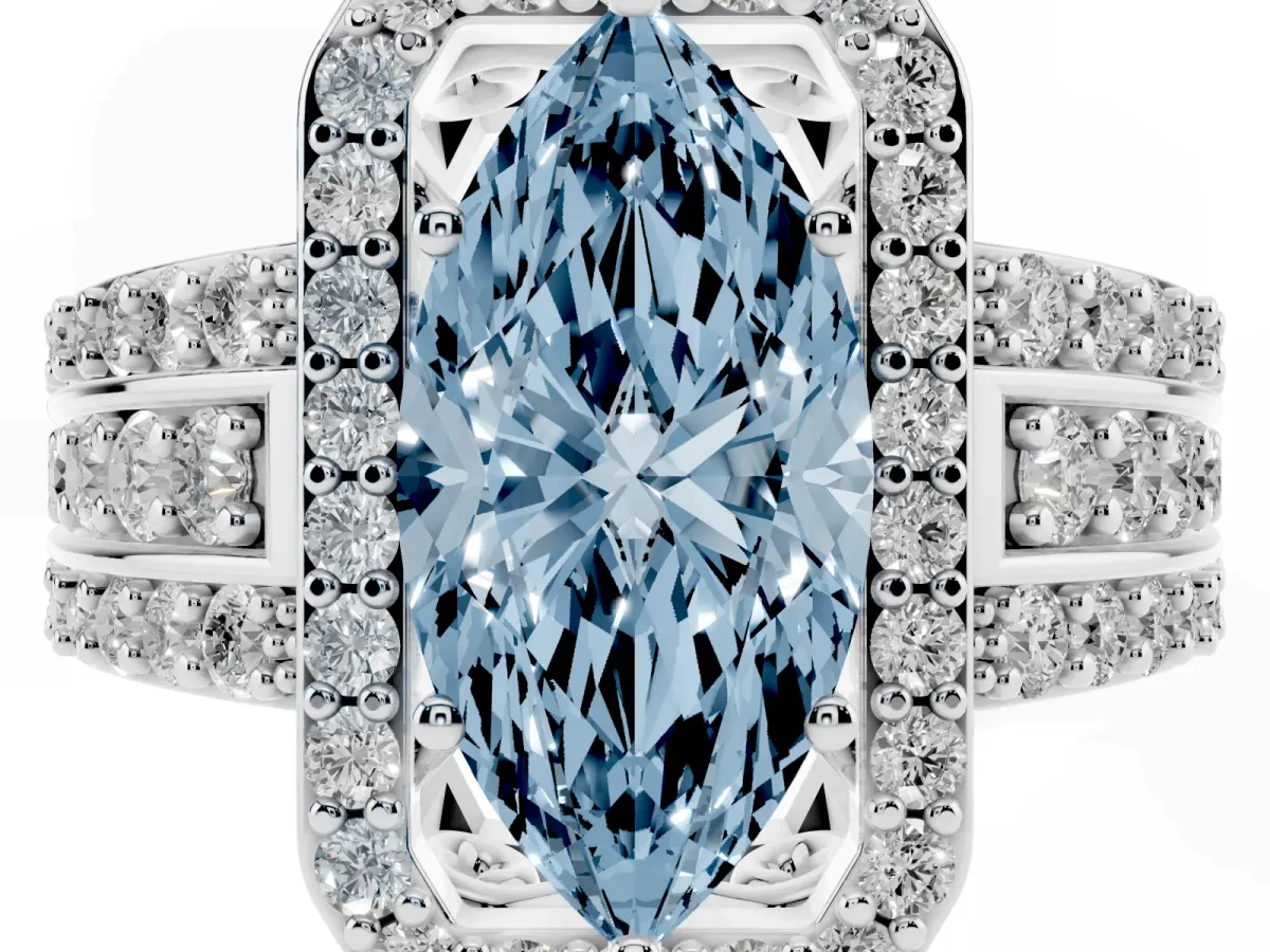 Fancy Blue Marquise Cut Halo Diamond Ring with Round Split Shank and Prong Setting Platinum