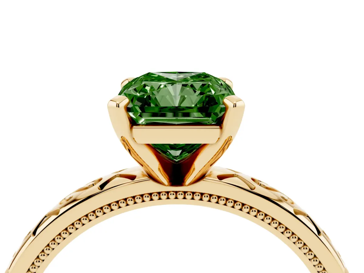 Fancy Green Radiant Cut Solitaire Engagement Ring with Scrollwork Band and Four-Prong Setting Yellow gold