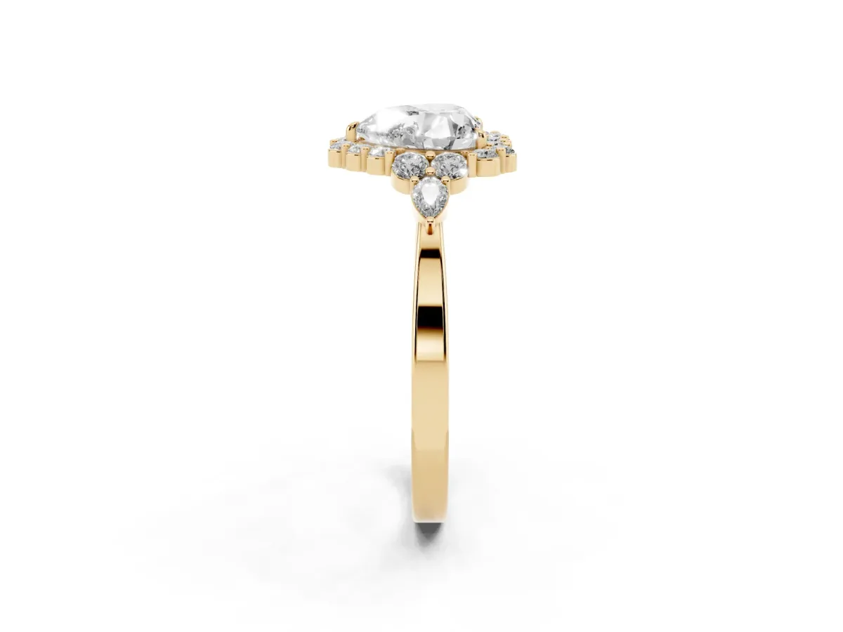 Heart Cut Diamond Halo Ring with Pear Side Stones and Prong Setting Yellow gold