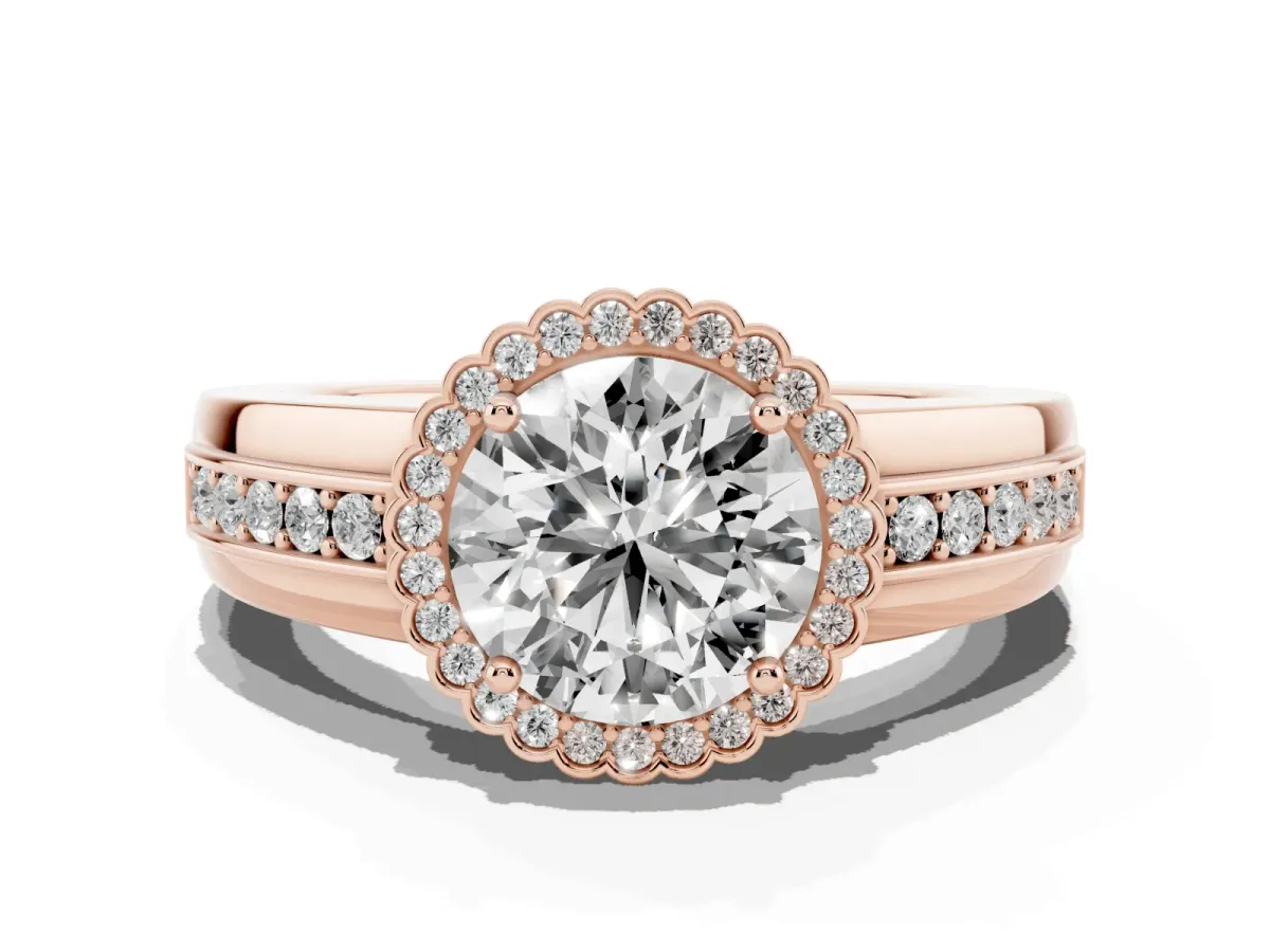 Round Cut Cut Halo Pave Band Four-Prong Ring Rose gold